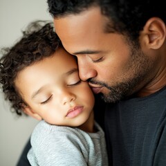 A close-up of a father gently kissing his son's forehead, showcasing love and care, isolated on white