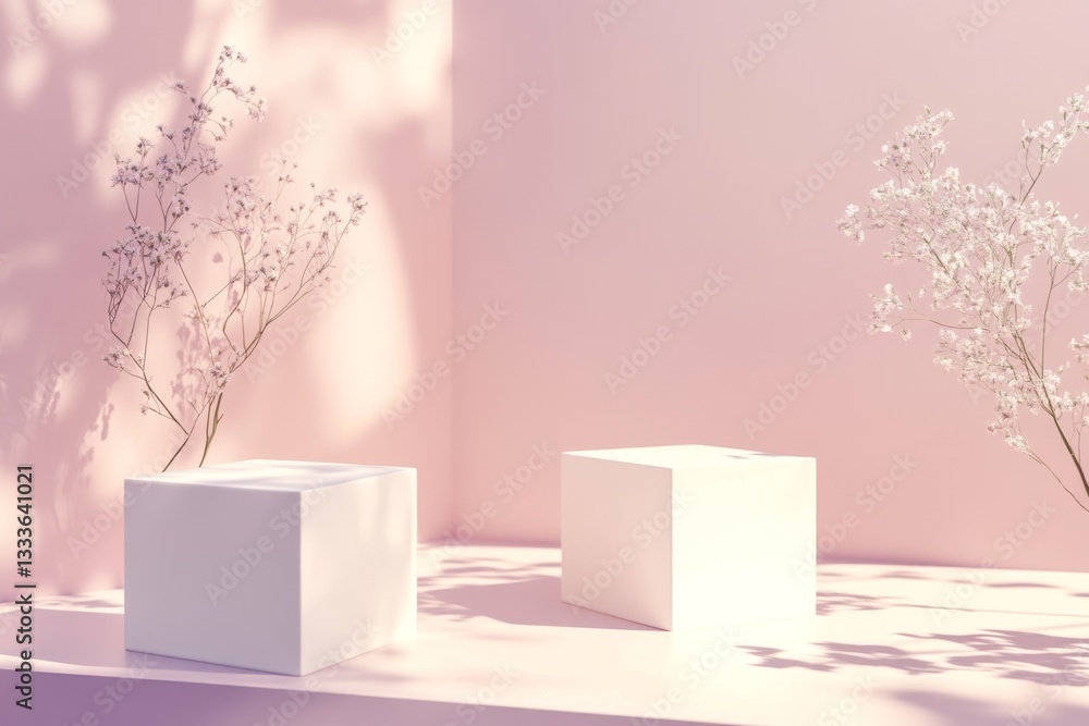 Poster soft pink backdrop with two white cube displays, featuring delicate flowers and shadows, creating a 