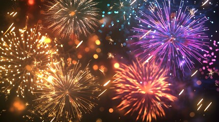 Fototapeta premium Bursting like confetti, this template frames New Year celebrations with colorful fireworks.