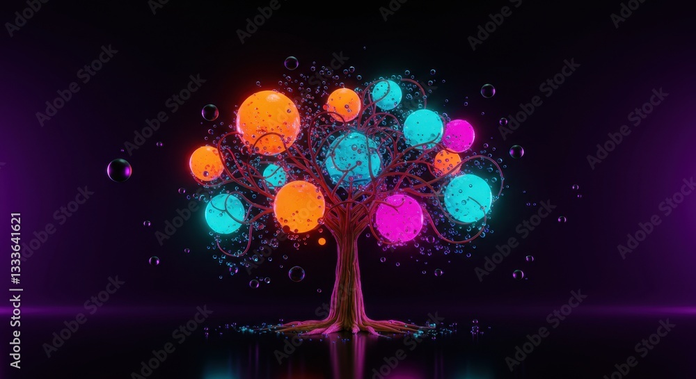 Poster vibrant abstract digital art featuring a colorful tree with bubbles on a dark background