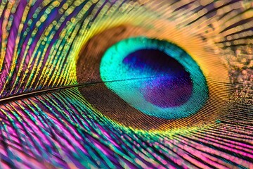Obraz premium The exquisite iridescence of the peacock feather enchants the eye with its dazzling palette of vivid