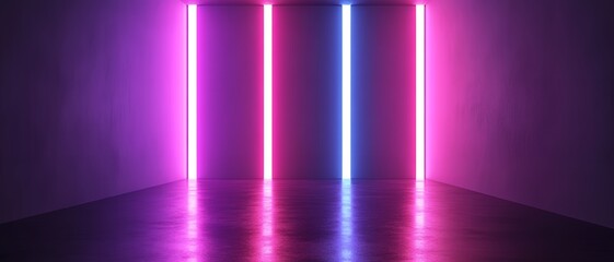 Fototapeta premium Vibrant Neon Lights Purple Pink Blue Modern Room Interior Design Art Glow Wall Dark Color