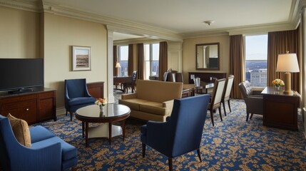 Fototapeta premium Grand presidential hotel suite with an expansive layout, luxurious furnishings, and stunning views