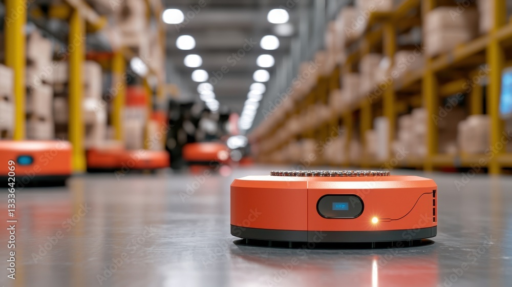 Poster inspection production line concept, modern industrial facility featuring automated robots in action 