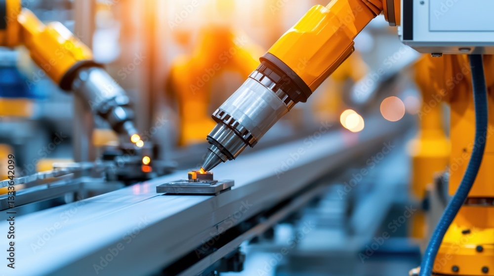 Poster inspection production line concept, modern automated production line with robotic arms in factory se