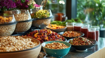 Healthy breakfast buffet in a modern hotel, showcasing a variety of fresh smoothies, oats, and nuts.