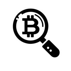 Magnifying glass icon examining Bitcoin symbol for cryptocurrency insight and investment research concept on a transparent background