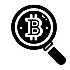 Magnifying glass icon focusing on Bitcoin symbol for cryptocurrency analysis and investment concept on a transparent background
