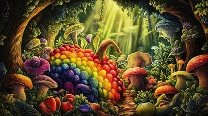 Fototapeta premium Rainbow Fruit, a symbol of eternal life, was believed to bloom once every century. Its radiant colors represented the cycle of life, death, and rebirth