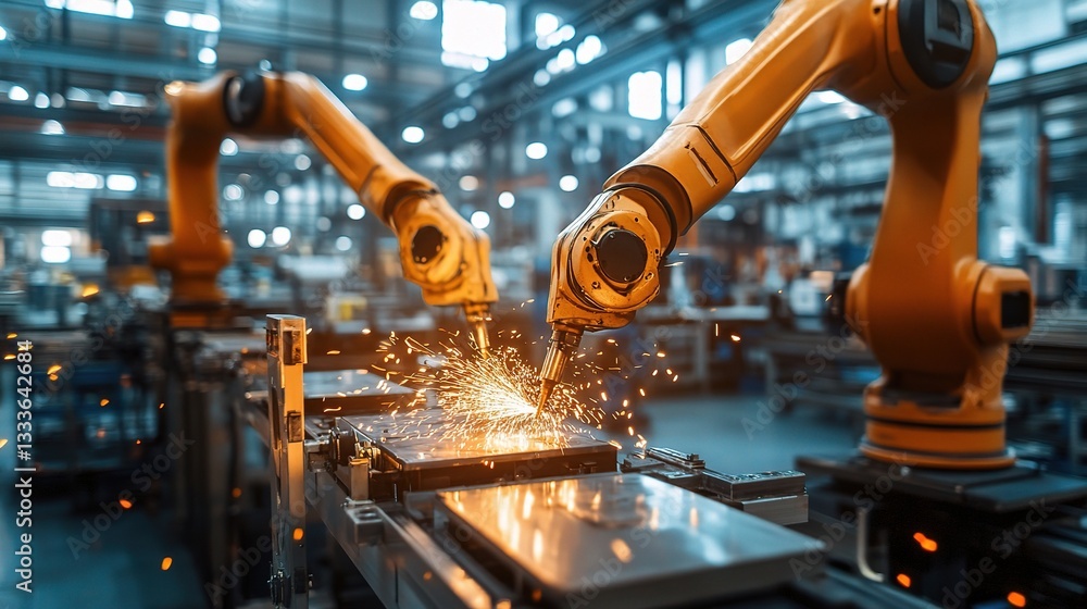 Poster inside view of metal fabrication workshop with robotic tools