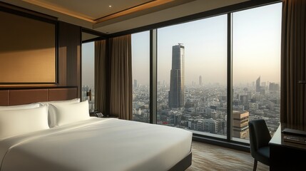 Fototapeta premium High-rise hotel room with floor-to-ceiling windows and breathtaking city views