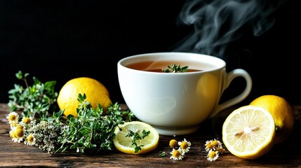 Aromatic Lemon   Herb Tea  Rustic Wooden Table  Steaming Cup  High Resolution Photo