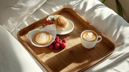 Hotel breakfast in bed setup with a wooden tray, fresh fruit, and a cup of cappuccino