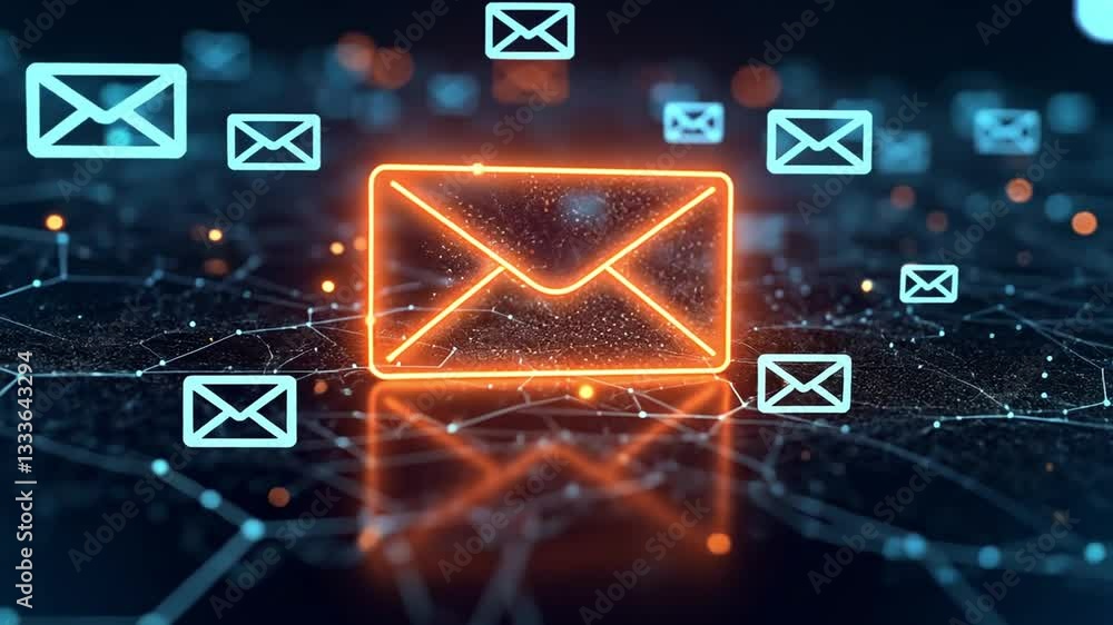 Poster digital communication concept with glowing email icons over a network background showcasing modern t