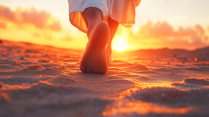 Closeup of Jesus feet walking on sand towards the rising sun. Concept Religious Art, Spiritual Photography, Inspirational Images