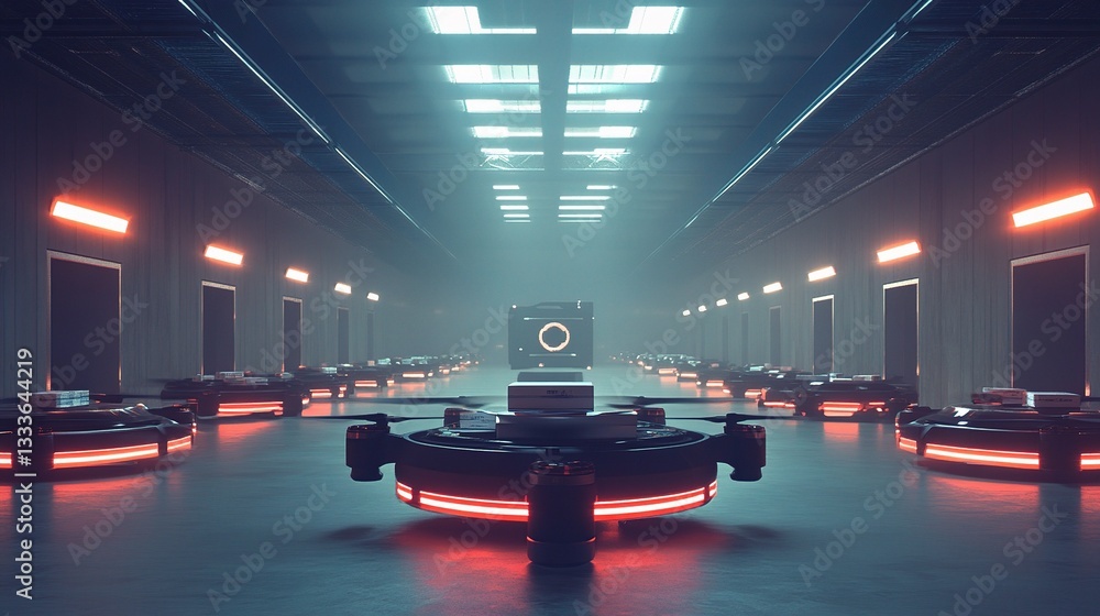 Poster automated warehouse with drones and high-tech sorting systems