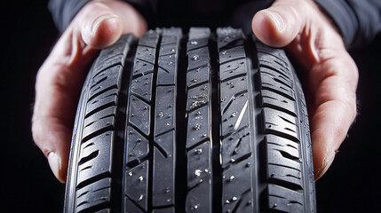 Close-up of mechanic hands holding a new car tire in an auto shop dedicated to tire replacement for various seasons