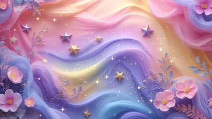 A Dreamy Pastel Galaxy Swirls With Sparkling Stars And Delicate Flowers, Creating A Magical, Ethereal Landscape Of Soft Rainbow Hues And Glittering Textures