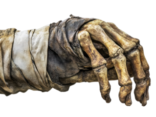 Isolated Skeletal Mummy Hand with Old Wrappings