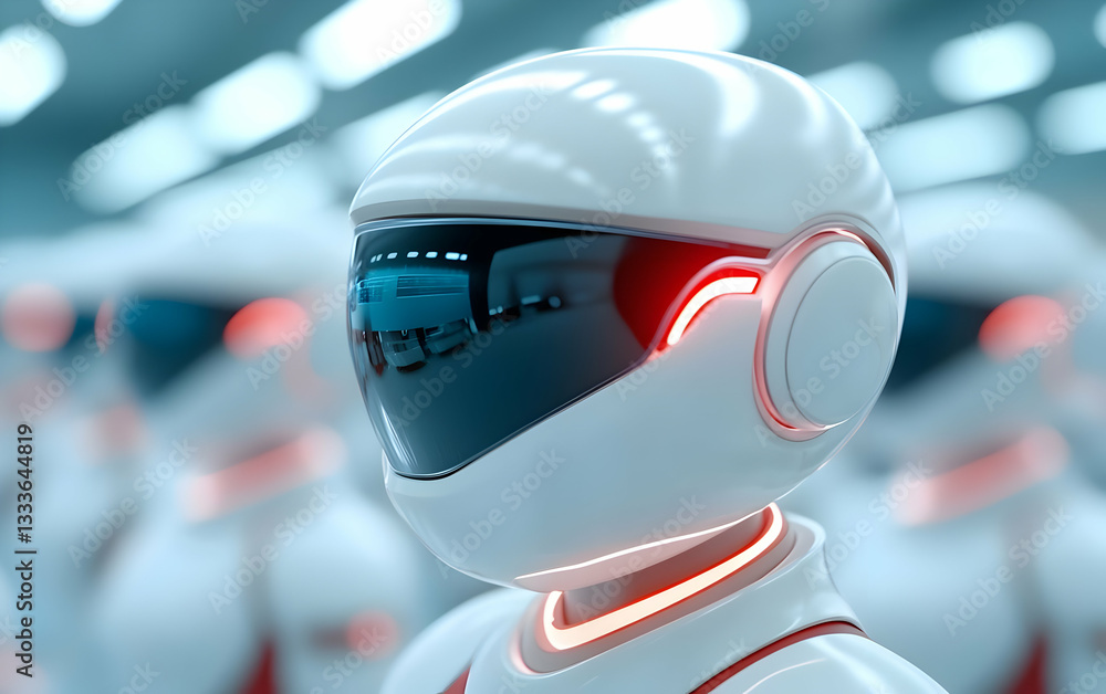 Poster close up of glowing white robots in a futuristic setting