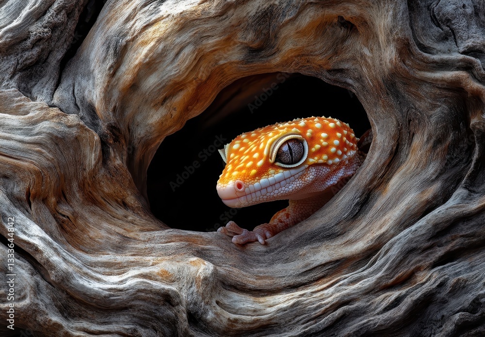 Aufkleber a close-up of a colorful gecko peeking through a natural hole in a tree trunk with intricate texture