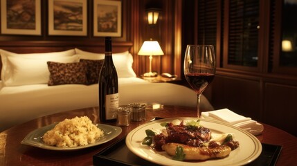 Fototapeta premium Hotel room service setup with a gourmet dinner on a tray, soft lighting, and a cozy bed