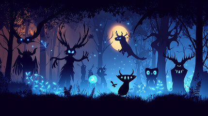 Enchanted forest at night with mystical creatures and glowing plants under a full moon