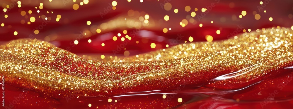 Aufkleber dynamic abstract patterns in red liquid with floating golden glitter.