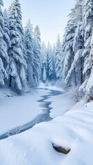 Obraz premium A blanket of fresh snow covers the trees and forest floor, frozen lakes, snow-covered ground