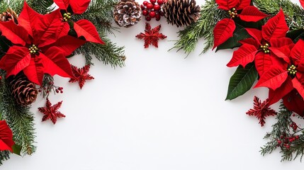 Christmas Decoration Idea: Red Poinsettia Flowers, Pine Cones, and Greenery Border on White Background with Copy Space