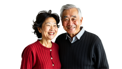 Happy elderly Asian couple portrait, smiling warmly. Red & gray tones. Isolated on transparent background. Senior lifestyle, family, retirement concepts.