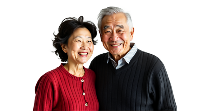 Happy elderly Asian couple portrait, smiling warmly. Red & gray tones. Isolated on transparent background. Senior lifestyle, family, retirement concepts. - Powered by Adobe