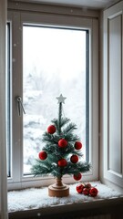 Fototapeta premium A cozy winter scene featuring a small Christmas tree decorated with red balls on a windowsill amidst snowflakes gently falling outside, warm and cozy, festive decoration