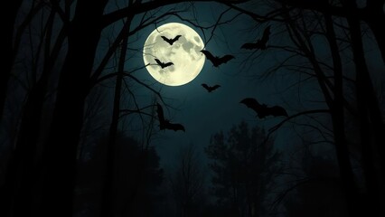 Fototapeta premium A dark forest with a full moon and hanging bats, Bats, Shadows