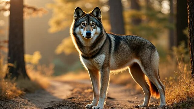 Majestic wolf standing in a sunlit forest path surrounded by autumn foliage and warm sunlight illuminating the scene