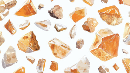 A repeating seamless pattern featuring watercolor-style illustrations of irregularly shaped amber fragments. The pieces vary in size, shape, and shade of yellow and orange, exhibiting a translucent