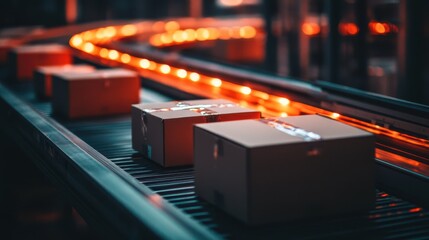 An automatic package sorting conveyor system in a warehouse illuminated by the warm glow of sunrise, showcasing the efficient and organized movement of packages.