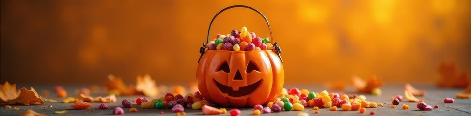 Brightly colored pumpkin bucket filled with candy, trick or treat, bright, fall decor
