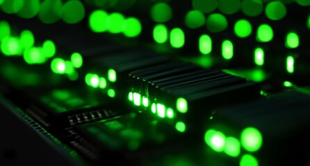 Fototapeta premium Server rack illuminated with glowing green LEDs, server room