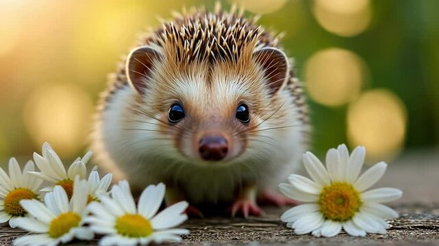 Adorable hedgehog exploring a field of daisies in soft sunlight with blurred background capturing a peaceful moment in nature