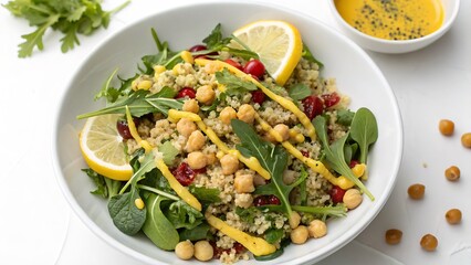 Quinoa Salad with Chickpeas, Fresh Greens, and Lemon Dressing, Isolated on a White Background, Healthy and Vibrant Meal Photography emphasizing nutrition and freshness.