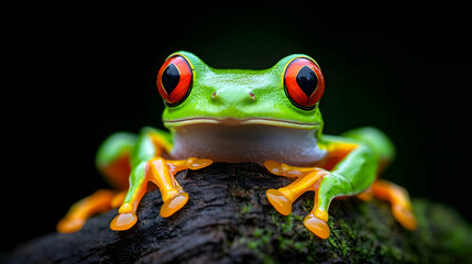Close Up Vibrant Red Eyed Tree Frog on Dark Background
