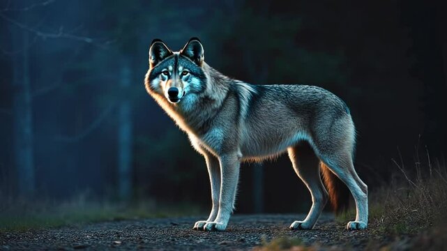 Majestic wolf standing on forest path during twilight, showcasing natural beauty and wilderness in serene environment