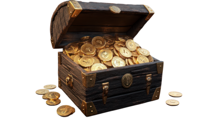 A small treasure chest overflowing with gold coins on a transparent background