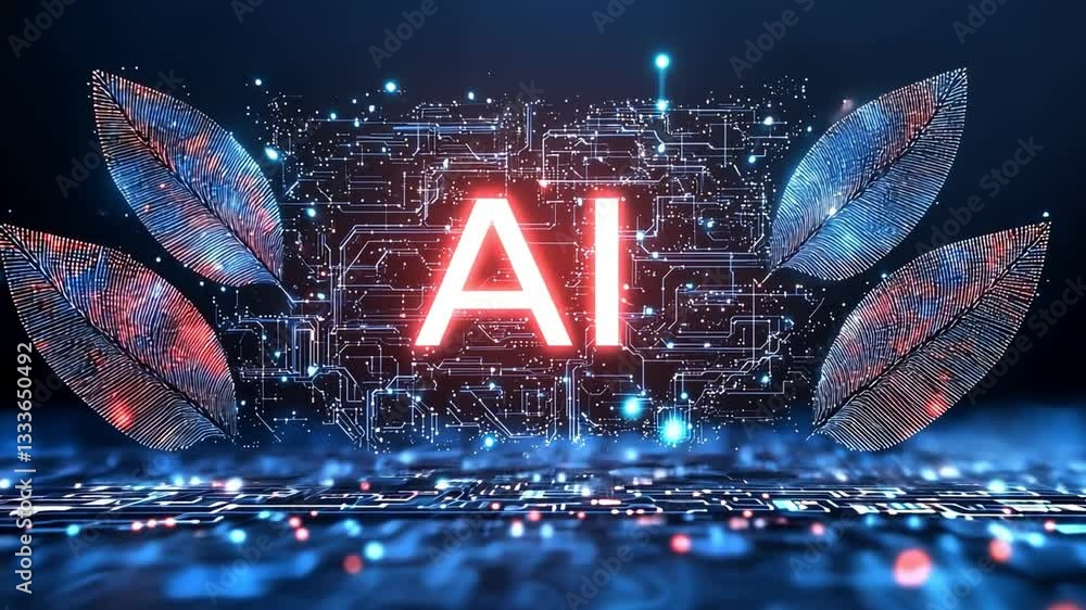 Poster futuristic ai technology glowing leaves and circuit patterns in digital world