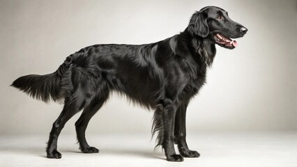 Flat Coated Retriever in full view on studio  background