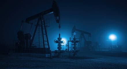 Nighttime oil extraction site with pump jacks under artificial lighting