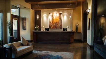 Small and intimate boutique hotel reception with elegant wood decor, soft textures, and warm lighting