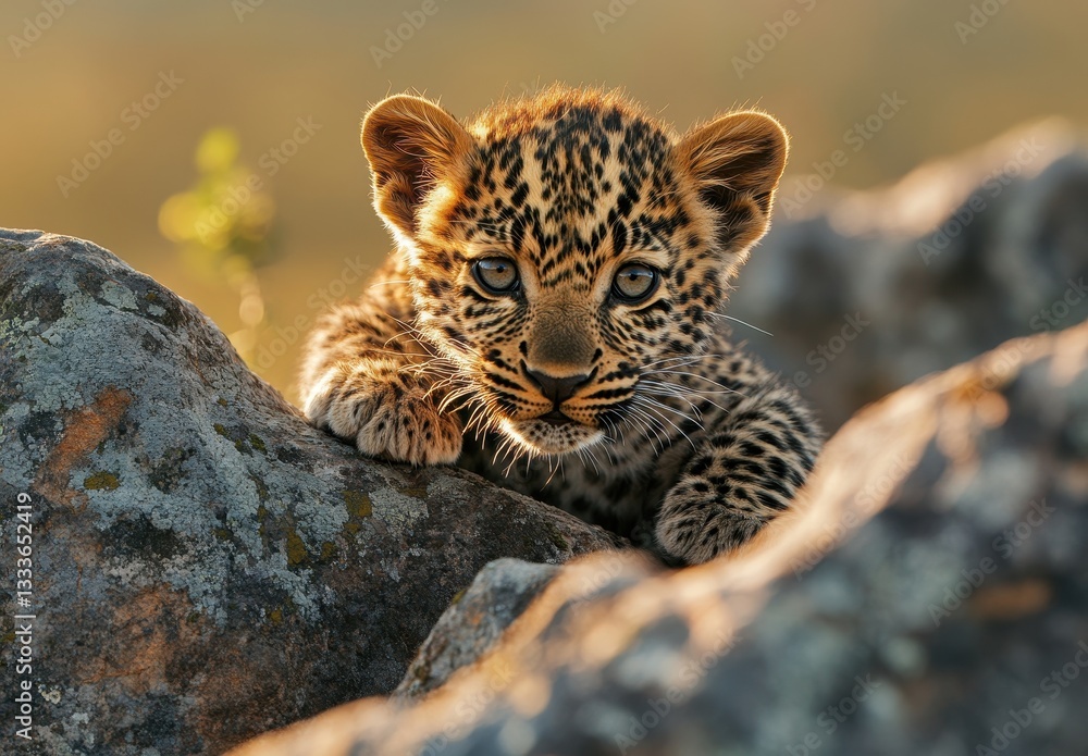 Poster adorable leopard cub resting on rocky surface with striking blue eyes and unique spot patterns in na