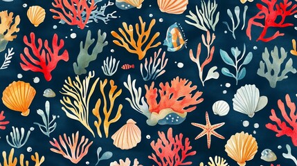Vibrant underwater watercolor pattern, coral reefs, fish and seashells on deep sea background